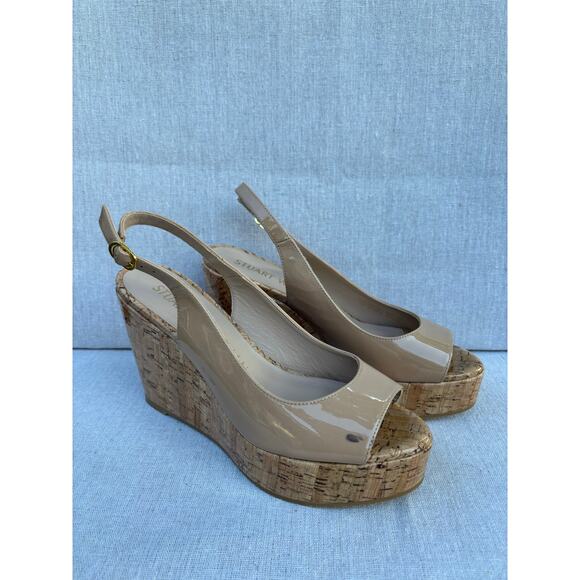 STUART WEITZMAN Wms Sz 7.5 Nude Patent-Leather Cork-Wedge Pumps 3.8" Heels SPAIN - Picture 5 of 8